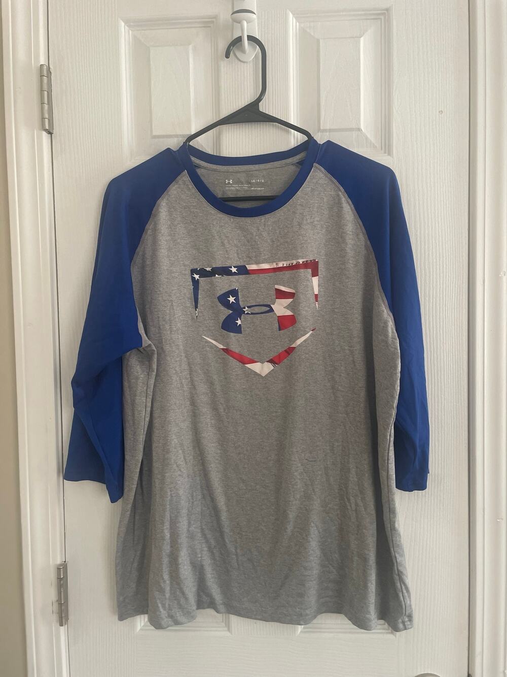 Under Armour Loose Heatgear 3/4 Sleeve Baseball Shirt Mens American Flag A72